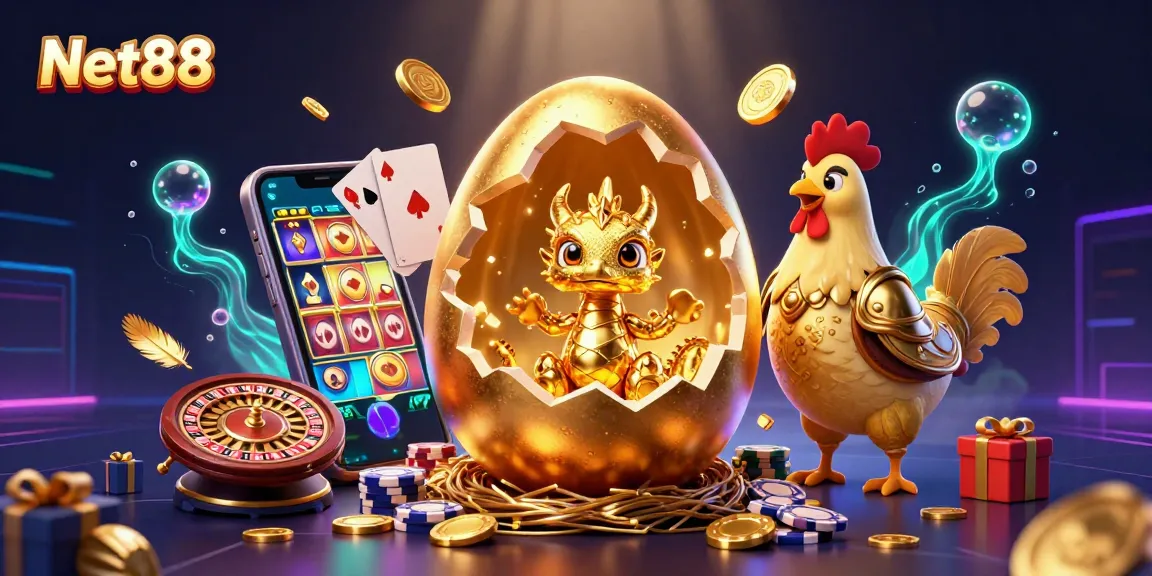 Experience Net88's vibrant gaming world where a golden dragon guards a nest of poker chips amid a colorful slot game.