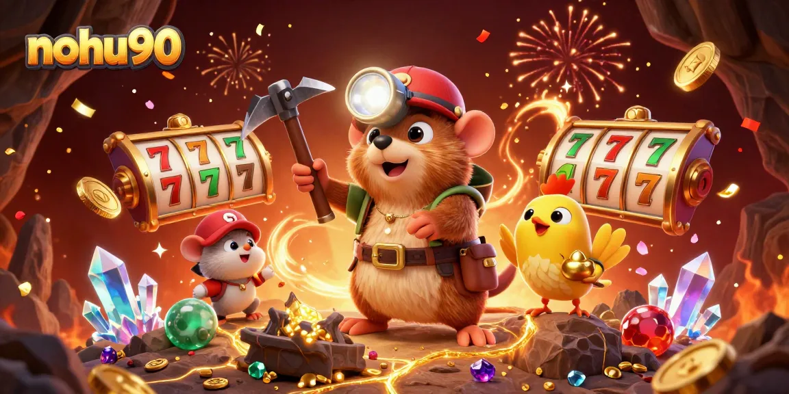 Nohu90's treasure hunter mole celebrates jackpot wins with vibrant casino elements in a colorful illustration.