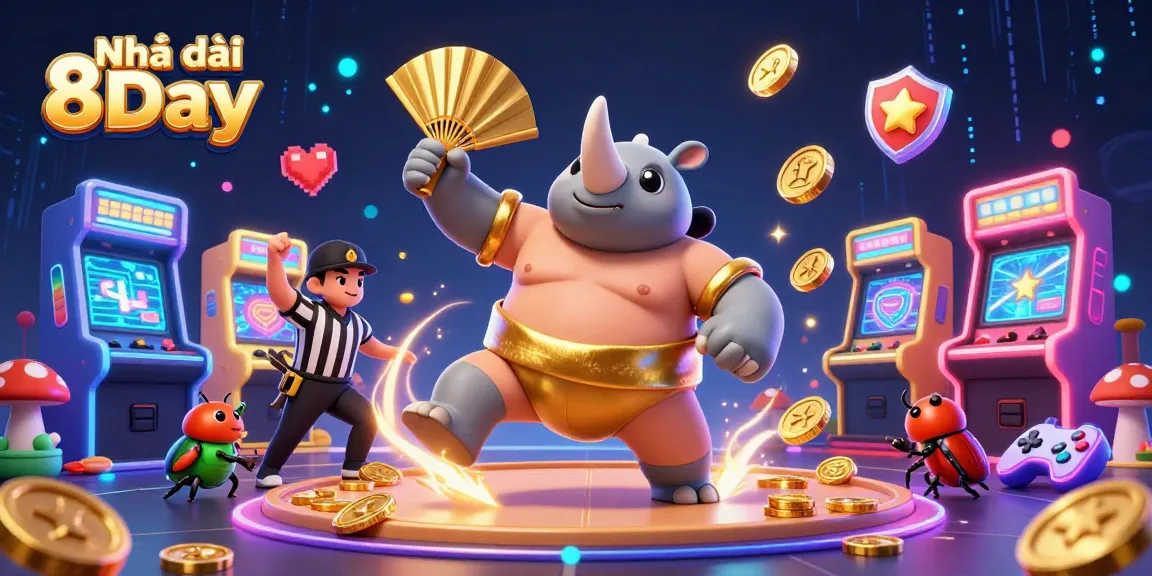 Experience the thrill of gambling with Nhà cái 8Day in this vibrant casino-themed illustration.