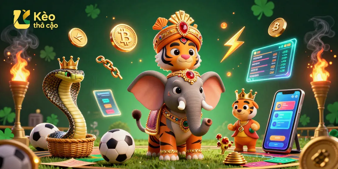Kèo nhà cái sports betting scene showcasing dynamic betting elements alongside a jeweled elephant and characters.