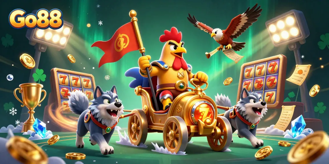 Experience thrilling gameplay at Go88, where a rooster warlord battles in a vibrant casino scene filled with riches.