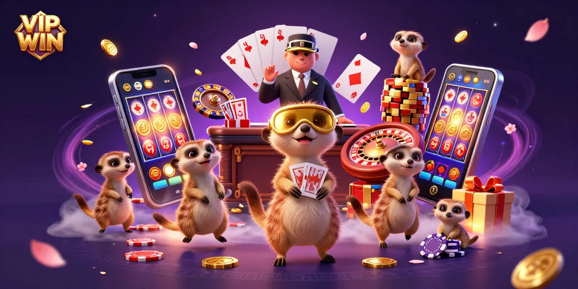 Experience the thrill at VIPWIN casino with meerkats managing games, showcasing vibrant slots and poker.