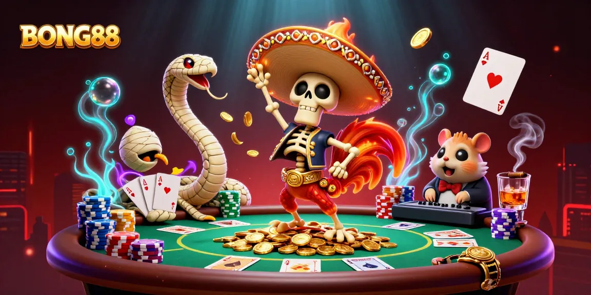 Bong88 brings excitement with a vibrant 3D illustration of a fiesta-themed casino scene featuring animated characters and gaming elements.