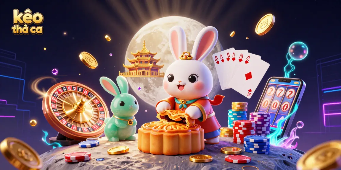 Engaging scene of kèo nhà cái featuring a moon rabbit revealing poker chips, surrounded by cascading coins and engaging casino elements.