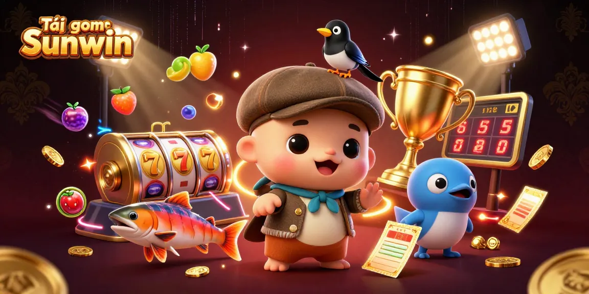 Tải game Sunwin with a joyful scene of Nessie and a magpie amidst dynamic slot elements and gold coins.
