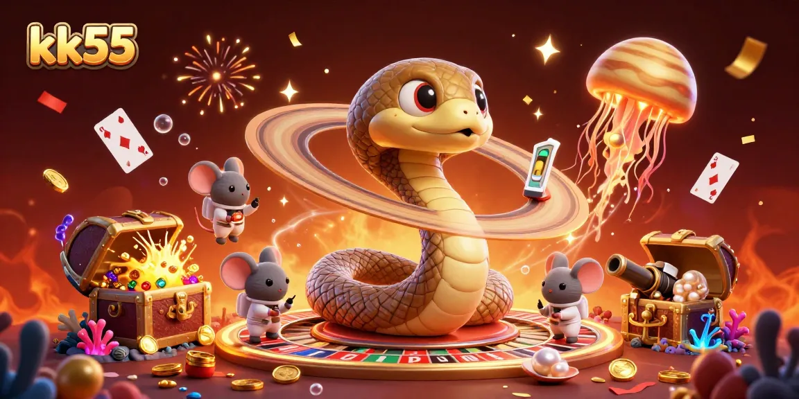 Engage in thrilling gambling with kk55, a vivid 3D casino scene featuring cosmic characters and vibrant game elements.