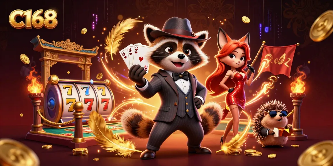 C168 players enjoying a vibrant casino atmosphere with raccoon, fox, and hedgehog characters amidst dazzling game elements.