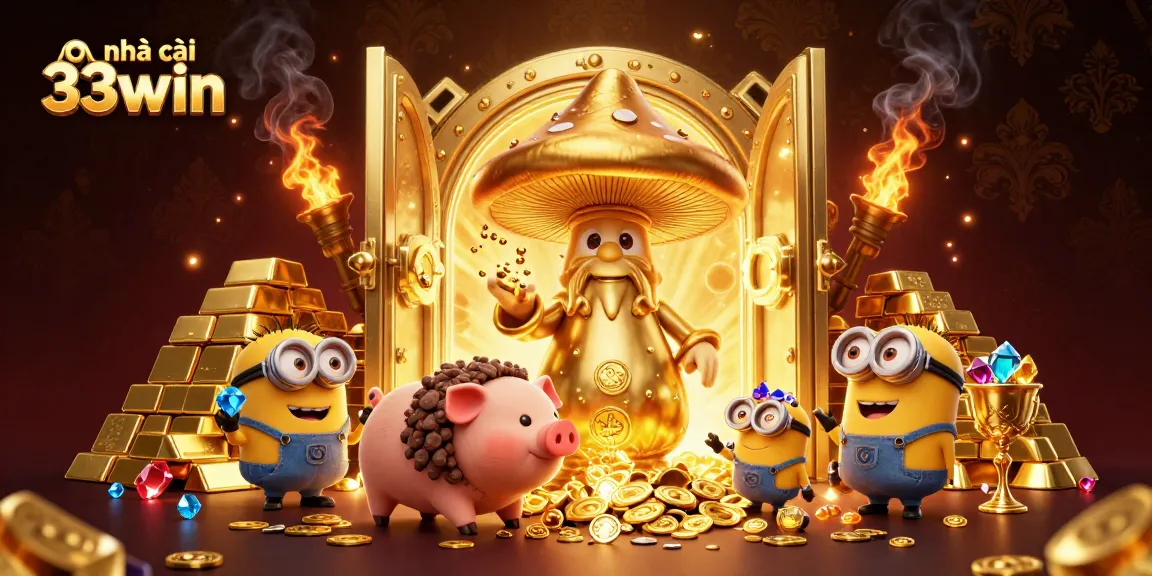 Experience the thrill of nhà cái 33win with a golden-themed 3D casino illustration full of treasures.