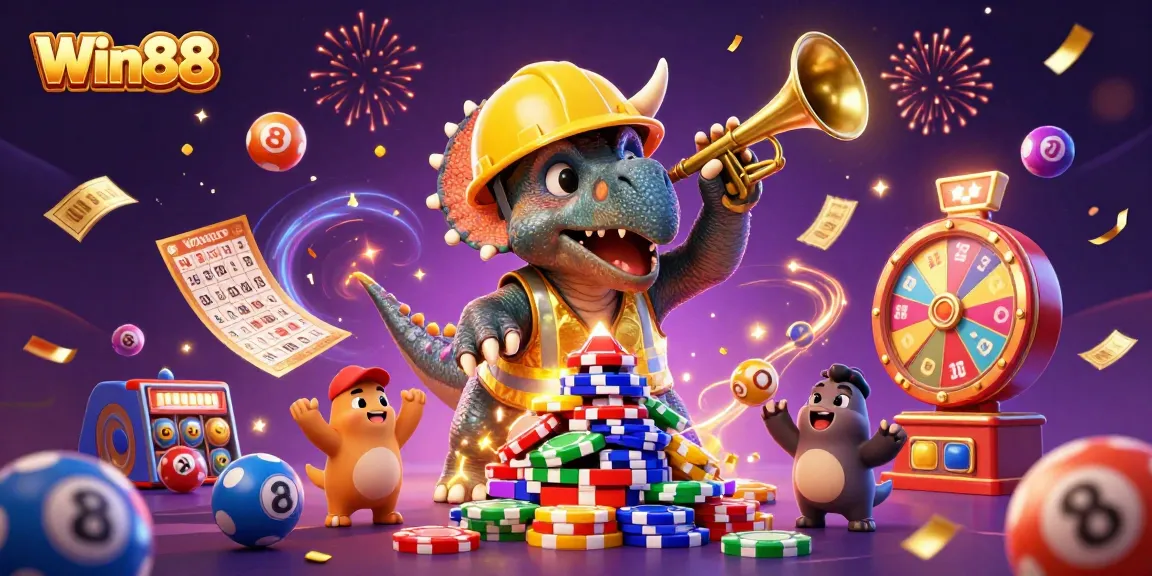 Win88 celebrates with colorful casino elements featuring triceratops building poker chips and joyful characters.