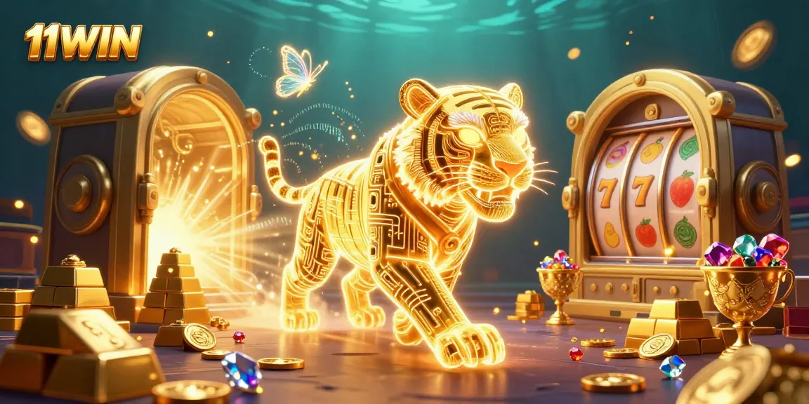 Experience the thrill of 11WIN in a vibrant digital casino with a golden tiger and slot reels.