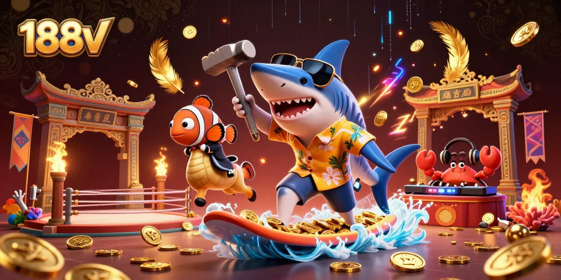Experience exhilarating gameplay at 188v with the lively 3D casino scene featuring cartoon characters and dynamic gold coins.