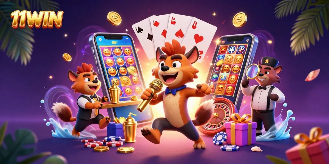 11WIN hyenas in a thrilling casino scene mixing drinks, telling jokes, and checking IDs while enjoying vibrant gambling action.