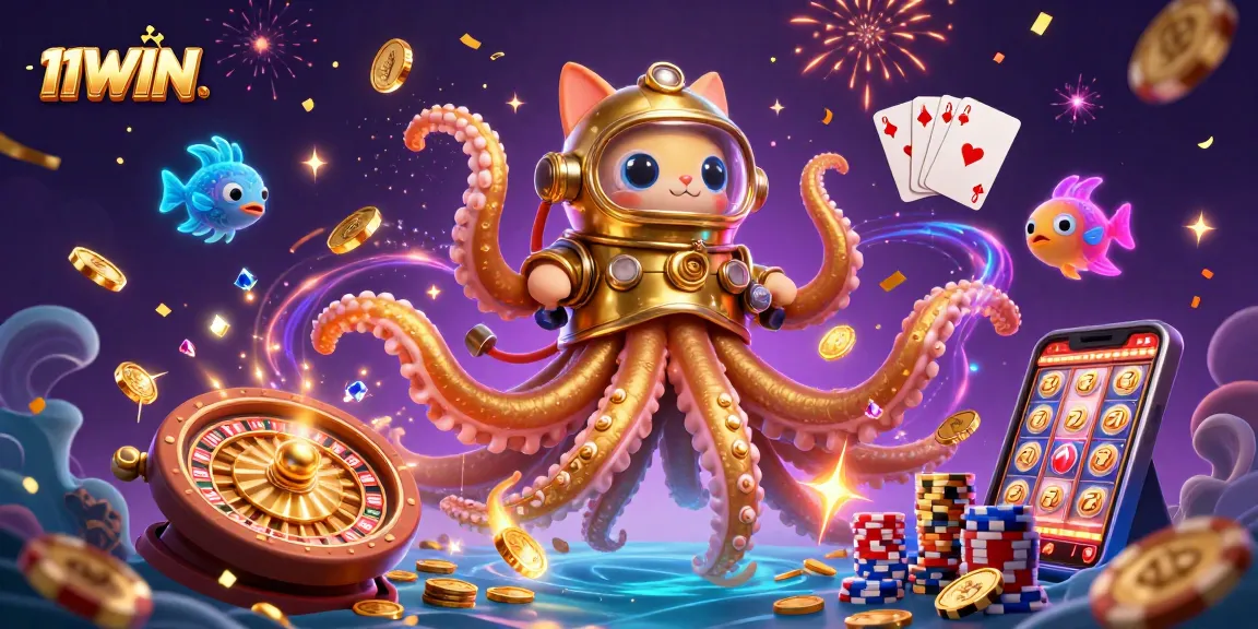 Engage with 11WIN through a captivating 3D casino scene showcasing a golden kraken and vivid game elements.