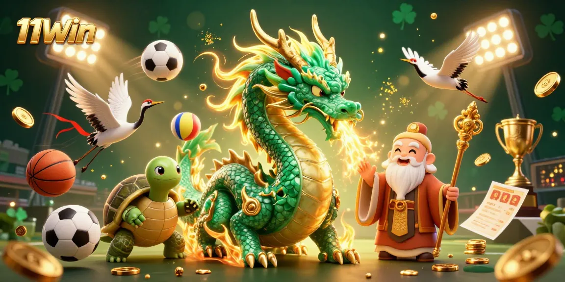 Experience 11WIN with a vivid illustration of a jade dragon and dynamic sports elements.