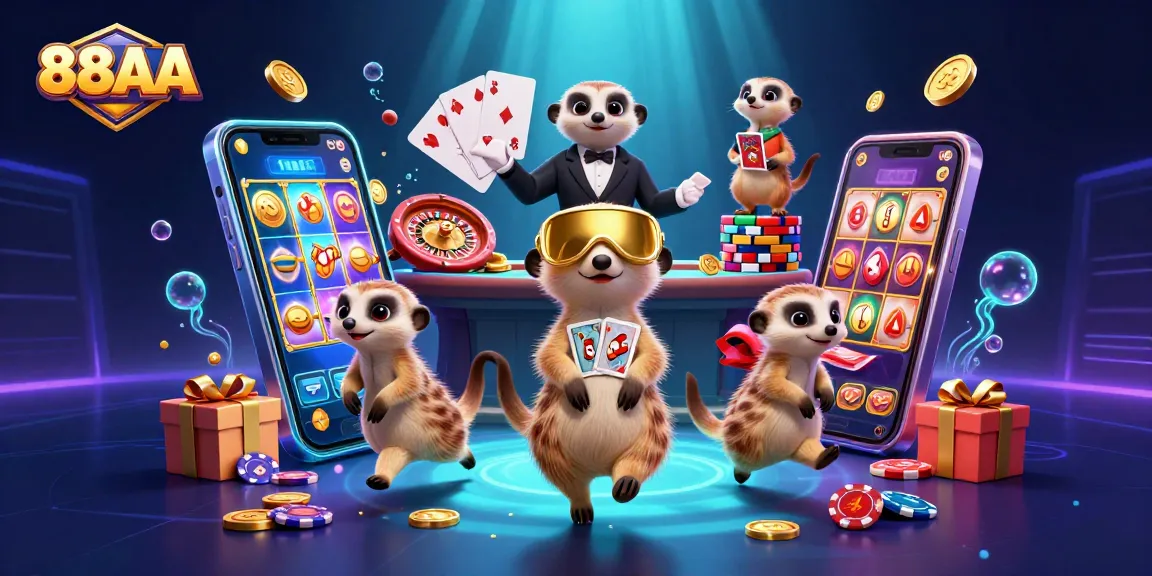 Engage in thrilling gaming with 88AA's captivating casino scene featuring meerkats managing operations.