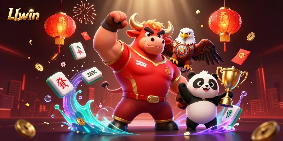 Join Llwin for a thrilling victory celebration with a bull mascot, eagle, and panda amidst vibrant casino elements.