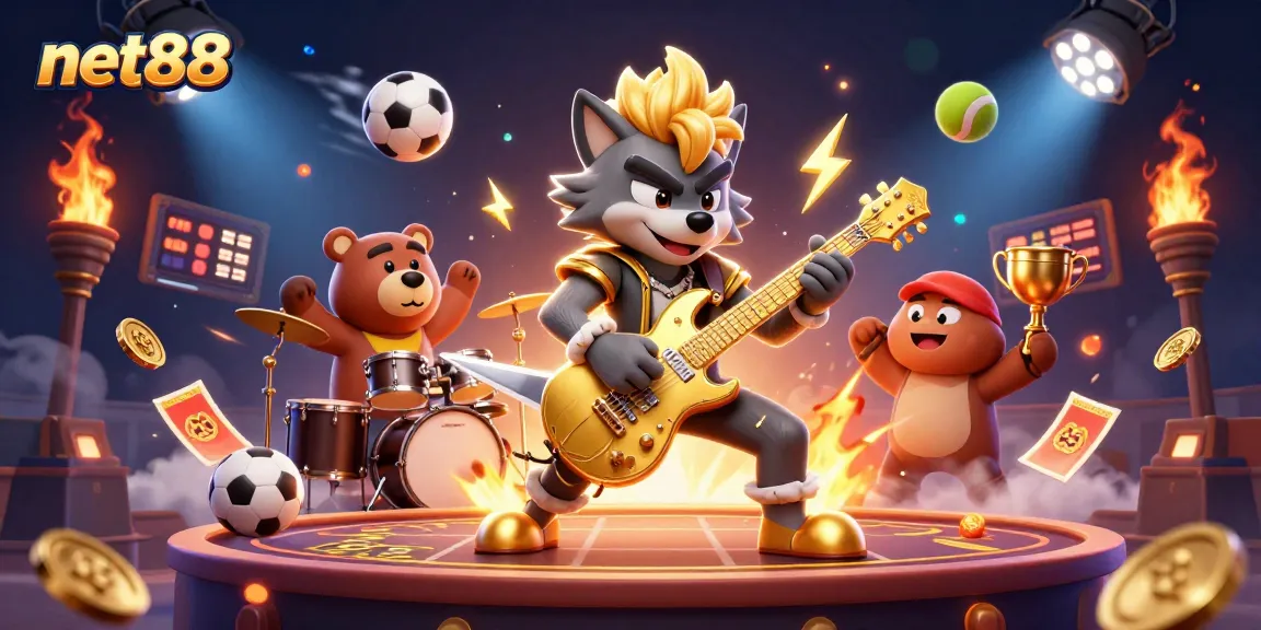 Engage with net88 through an electrifying casino scene featuring rock star wolf and drummer bear.