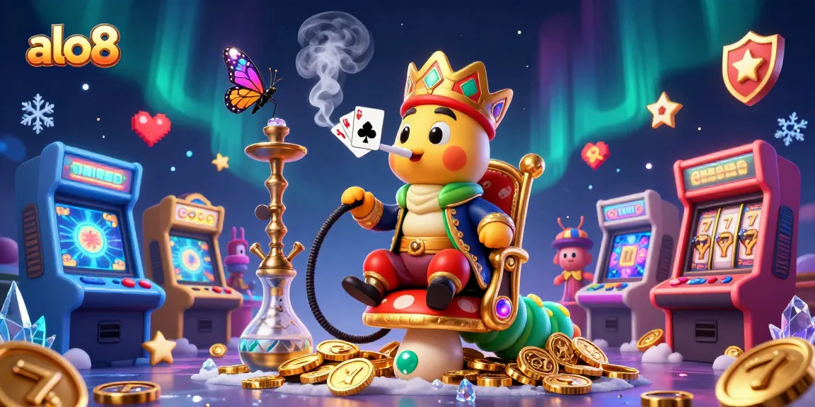 Experience the colorful gaming universe of alo8 with vibrant slot reels, casino elements, and a dynamic caterpillar character.