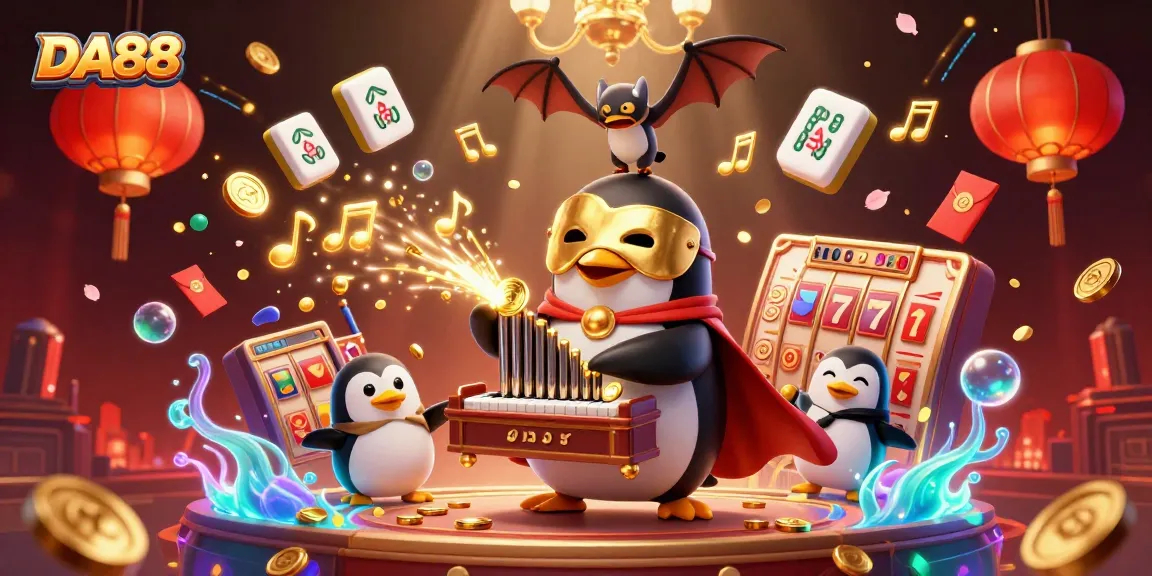 Experience the thrill at DA88 with a captivating 3D casino scene featuring a vibrant penguin organist.