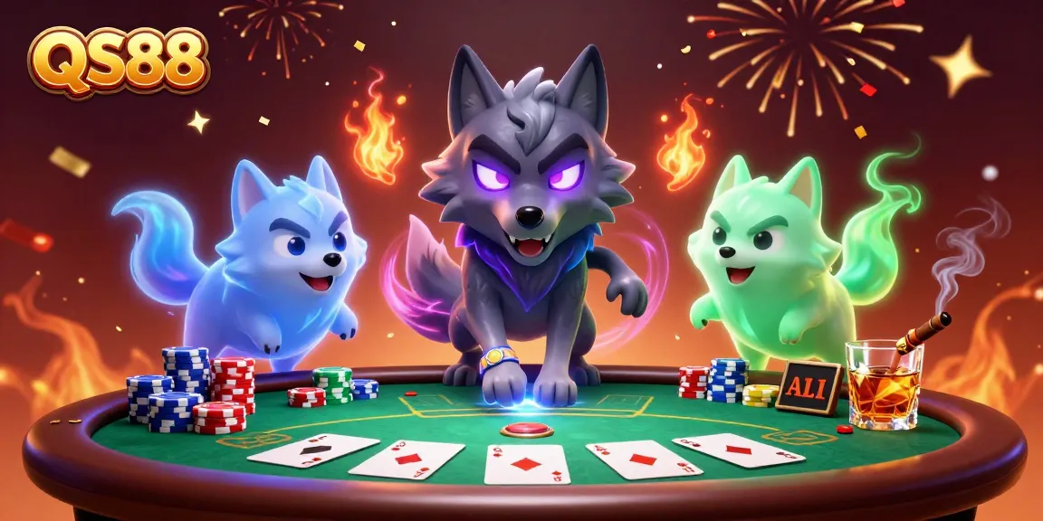 Experience the excitement of QS88 with ghostly wolves around poker elements in a vibrant scene.