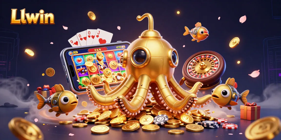 Llwin's golden kraken submarine rises amidst a sea of coins, showcasing dynamic slots and card games.